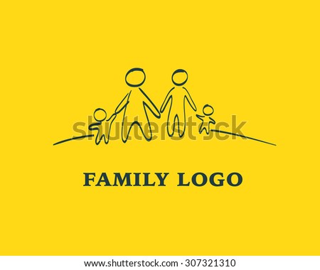 Family logo design on yellow background. Hand drawn family icon. Doodle people figures standing on the horizon. Social logo design.