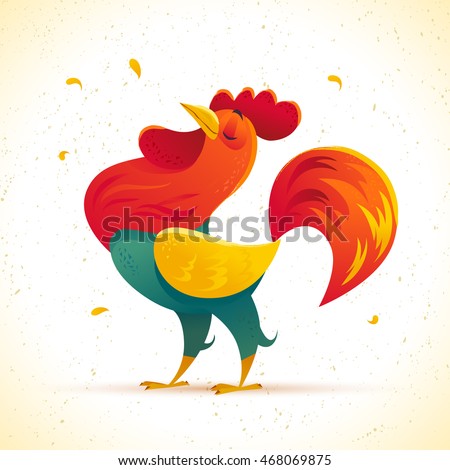 Vector New Year congratulation design. Rooster, cock portrait cartoon illustration. Holiday card design element. Merry Christmas, happy New Year memory card, advertisement design. Chinese year symbol.