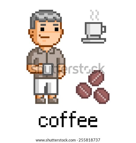 Pixel art man and a mug of coffee
