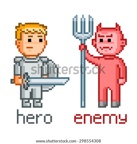 Pixel art hero and enemy for 8 bit video game