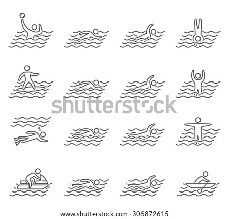 Outlined icons swimming. Linear set of figures swimmers. Surfing and diving symbols