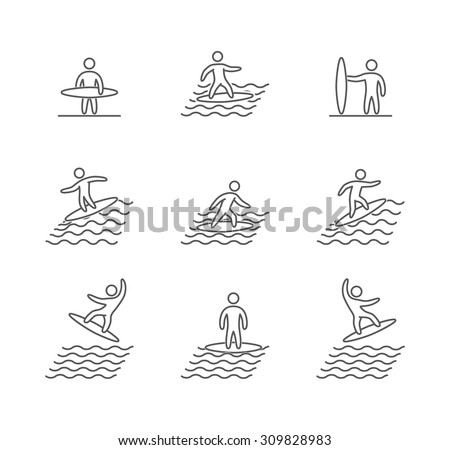 Outline surfing icons set. Linear figure surfer. Line art sport symbols