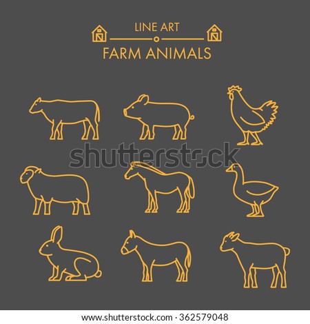 Vector line farm animals icon set. Linear figure cow, pig, chicken, horse, rabbit, goat, donkey and sheep