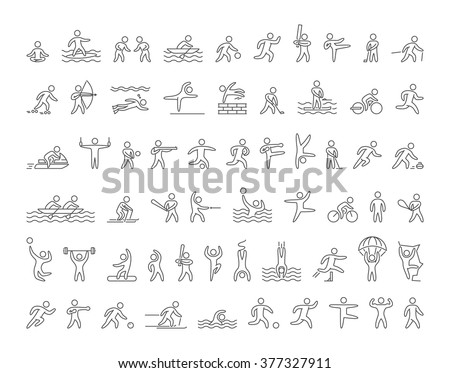 Set of linear shapes popular sports athletes. Vector icons of sportsmen summer and winter sports on white background.