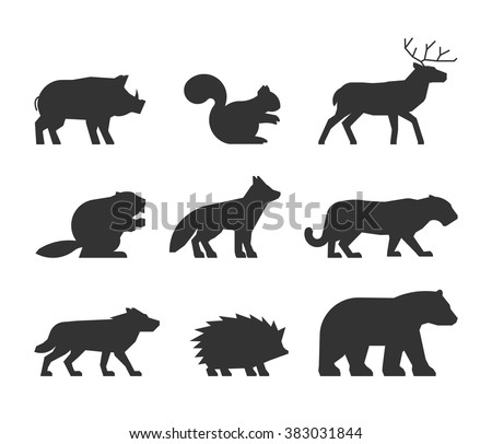 Vector set figures of wild animals isolated on white background. Black silhouettes boar, squirrels, deer, beaver, fox, puma, wolf, hedgehog and bear.
