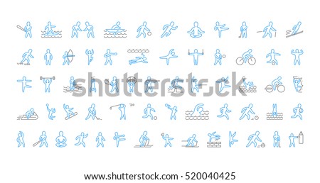 Large line set of sports icons. Vector linear symbol of sportsmen. Pictogram summer and winter sports. Open path.