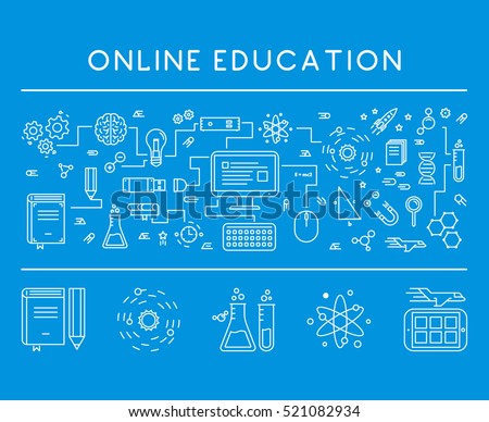 Line design concept web banner for online education and e-learning. Vector landing page. White and blue.