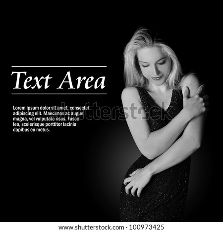 A woman is embracing her body curves on a black background with a text area. Use it for an entertainment or luxury concept.