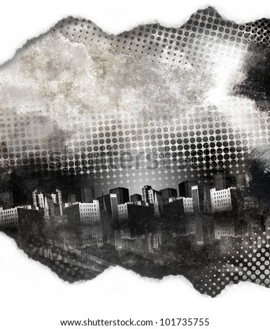 A dark black and white grunge city with aged texture and dots. There is a paper torn border at the top and bottom. Add your text in the copyspace.
