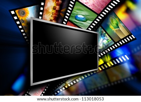 A flat screen television has entertainment film images on the black background. The screen is blank to add a text message.