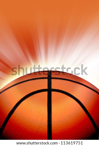 A close up of an orange basketball with glowing light rays shining on top with room at the top for a sport message.