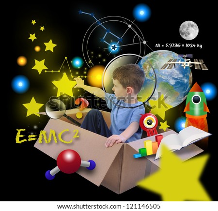 A young boy is using his imagine in a box imagining he is an astronaut in space and grabbing stars in the sky with math and science icons. Elements of this image furnished by NASA.