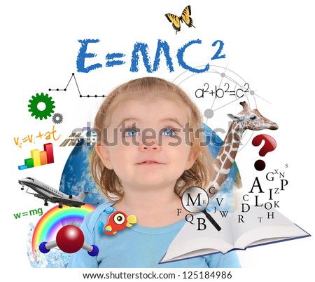 A young girl is looking up at different science, math and physics icons around her on a white background. Use it for a school or learning concept.