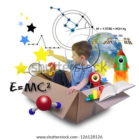 A young boy is using his imagination in a space box. He is an astronaut and grabbing stars in the sky with math and science icons.