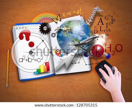 A child is looking at an open book as a computer with math, science and animals coming out for a school or e learning concept.