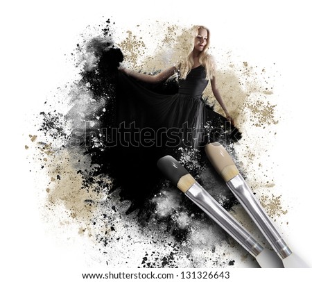A black paintbrush is painting a woman in a long dress with a messy artistic texture around her on an isolated white background.