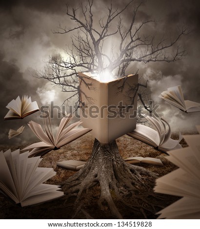 A Tree With Roots Is Reading A Story With Books Floating Around It On A Brown Old Landscape.