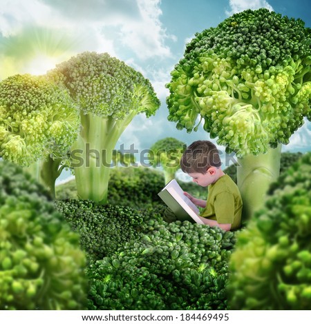 A little boy is reading a book in a surreal nature landscape. The broccoli vegetables are trees and grass for a health or education concept.