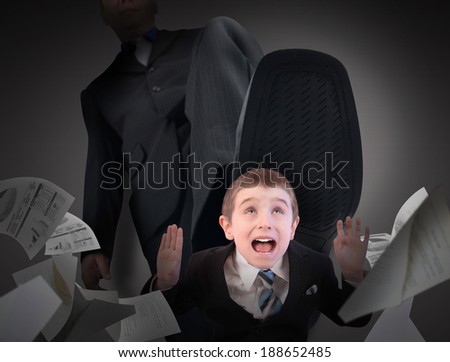A little business man is under a big bosses foot about to crush or step on him. His hands are in the air scared.
