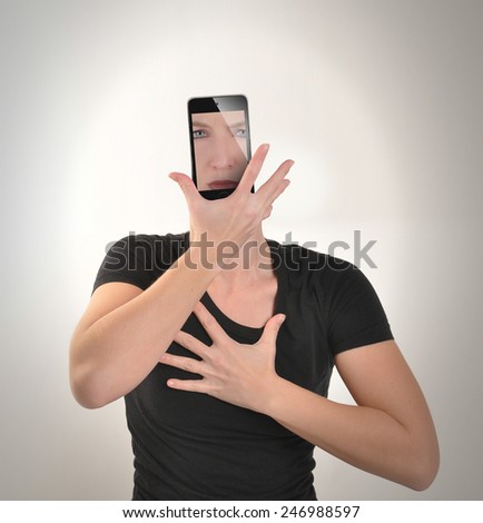 A young girl has an smartphone for a face on a white background for an electronic cell phone addiction concept about social culture.