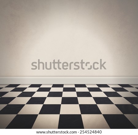 A black and white retro checkered old floor and a blank white textured wall. Add your own text message to the empty area.