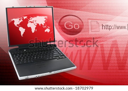 A black laptop has a red screen with a map on it. In the background there is a URL and binary code.