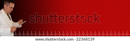 A doctor is writing on a clipboard and is against a red and black gradient background with a grid and a pulse on the footer.