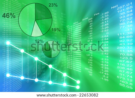 Abstract financial figures are coming out of the center with various pie graphs. The background is green and blue.