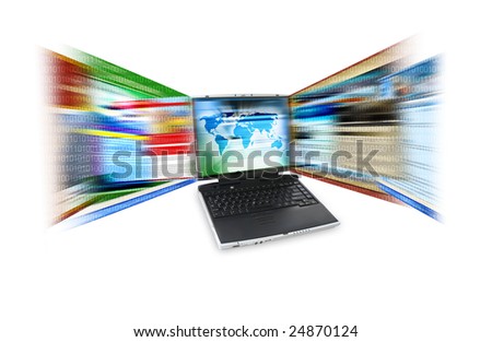A laptop is isolated on a white background with internet pages coming out of it in a zoom effect.