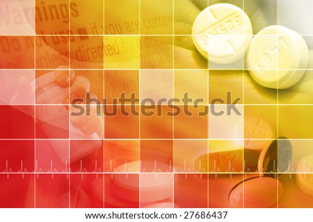 A red and yellow medical or pharmaceutical background for medicine. There are pills in the corners with a square pattern on top of the images.