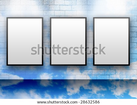 Three blank, white canvas frames are hanging on a brick wall with clouds around them. Light is shining down on the displays.