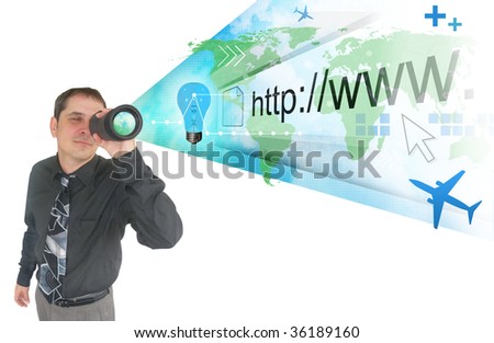 A business man is holding a binocular and a projection of the world and internet address appear. There are symbols like an airplane and a light bulb. Can Represent an idea, vision or strategy.