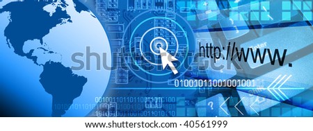 An abstract internet computer background with a globe of the Earth on one side and a keyboard on the other side. There is a circuit board in the background with binary numbers faded.