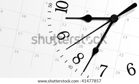 A white clock with numbers is against a calendar background displaying dates of a month. Can represent an appointment schedule or a deadline.