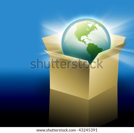 The planet Earth is inside of a cardboard delivery box for shipping.  Can be used for international shipping and travel for your business.