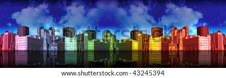 A landscape of a colorful rainbow city with dark blue clouds and a reflection of water under it.