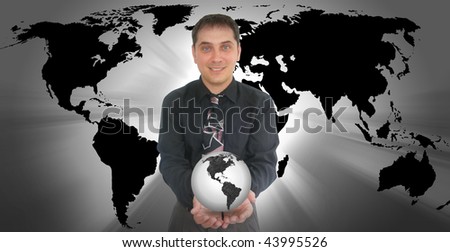 A business man is holding a globe of the Earth in his hands. There is a black and white color scheme.