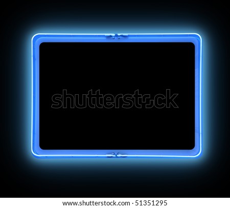 A bright blue neon blank sign on a black background is glowing bright. Add your own text message in the frame border.