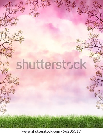 A peaceful nature cloud background with pink and violet light from a sunset. There is a frame or border of flowers growing from a tree. Grass is on the bottom.