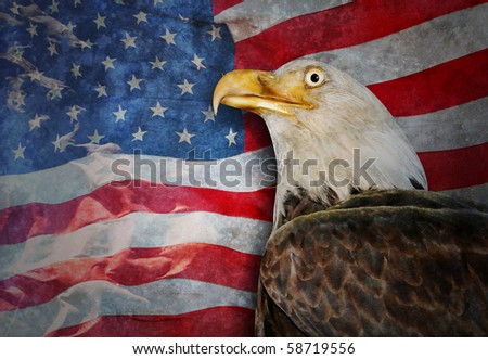 An American flag is flowing in the background and there is a bald eagle in the foreground. There is a worn, texture to the photo. Use it for a justice or law theme.