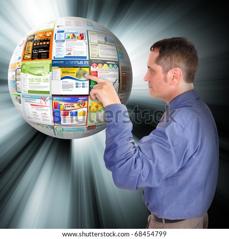 A business man is pointing to an abstract internet ball with websites on it. There are glowing rays coming out of it. Use it for a technology concept.