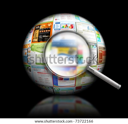 A magnifying Glass is searching the internet and there are different website templates in a 3D Ball on a black background. Use it for a research or optimization concept.