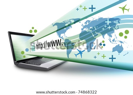 A laptop computer has an internet website address with abstract icons on a white background.
