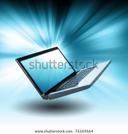 A laptop is floating in the air with a blue zoom glow in the background. Use it for a technology or internet concept.