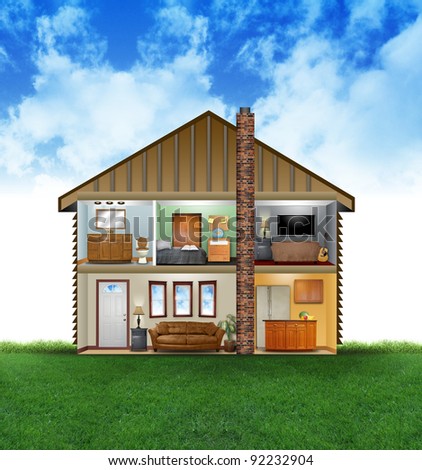 A view of a house layout of rooms with furniture and decoration. There are clouds and grass in the background. Use it for a clean energy or hvac concept.
