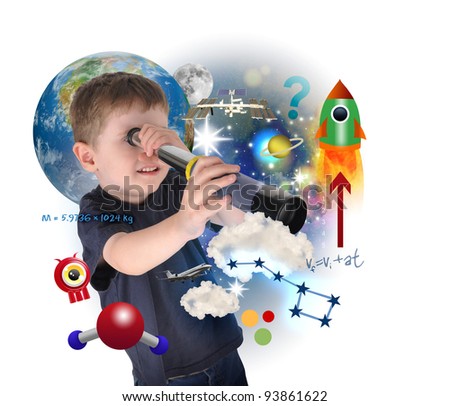 A young science boy is looking into space with carious astronomy icons. There is a white background with a planet. Use it for an education concept.