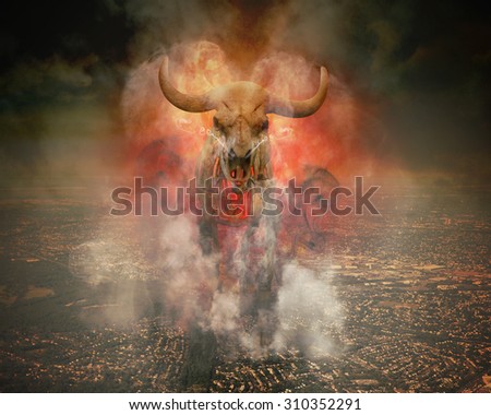 A wild skeleton bull with fire and smoke burning around it is walking on top of a polluted city horizon for a destruction or global warming concept.