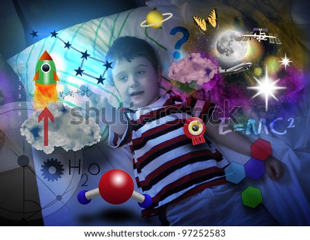 A young science boy is laying in bed at night and looking at a rocket ship with various education icons around him such as formulas and molecules. Use it for a school or genius concept.