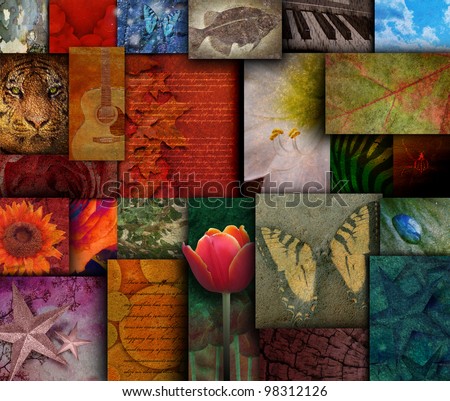 A variety of mosaic squares with a butterfly, flowers, animals and instruments inside them. Use it for an art textured background.
