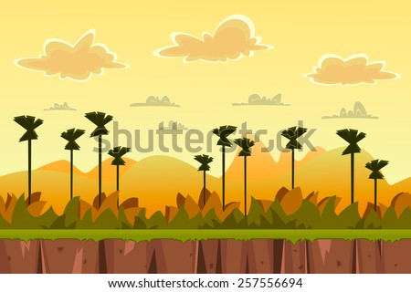 Seamless cartoon tropical landscape, trees, mountains and cloudy sky layers.